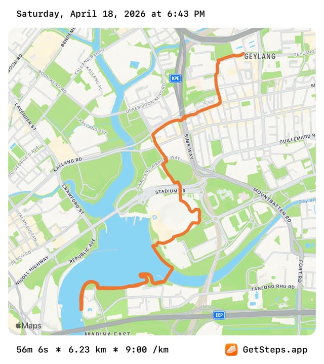 6.23 km Geylang evening run tracked with the Steps app