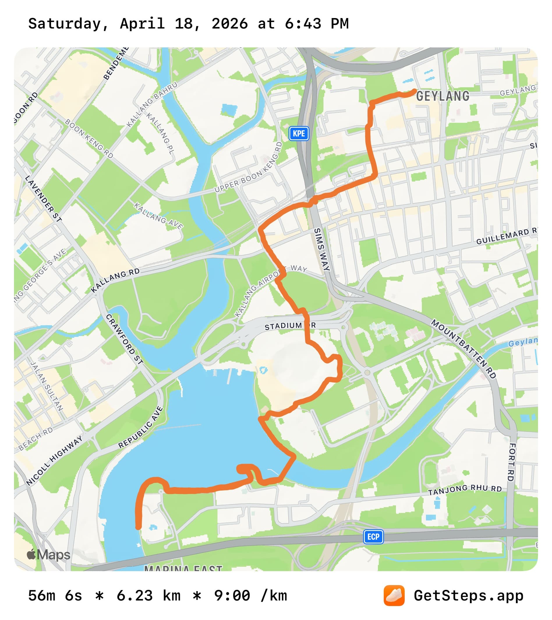 6.23 km Geylang evening run tracked with the Steps app