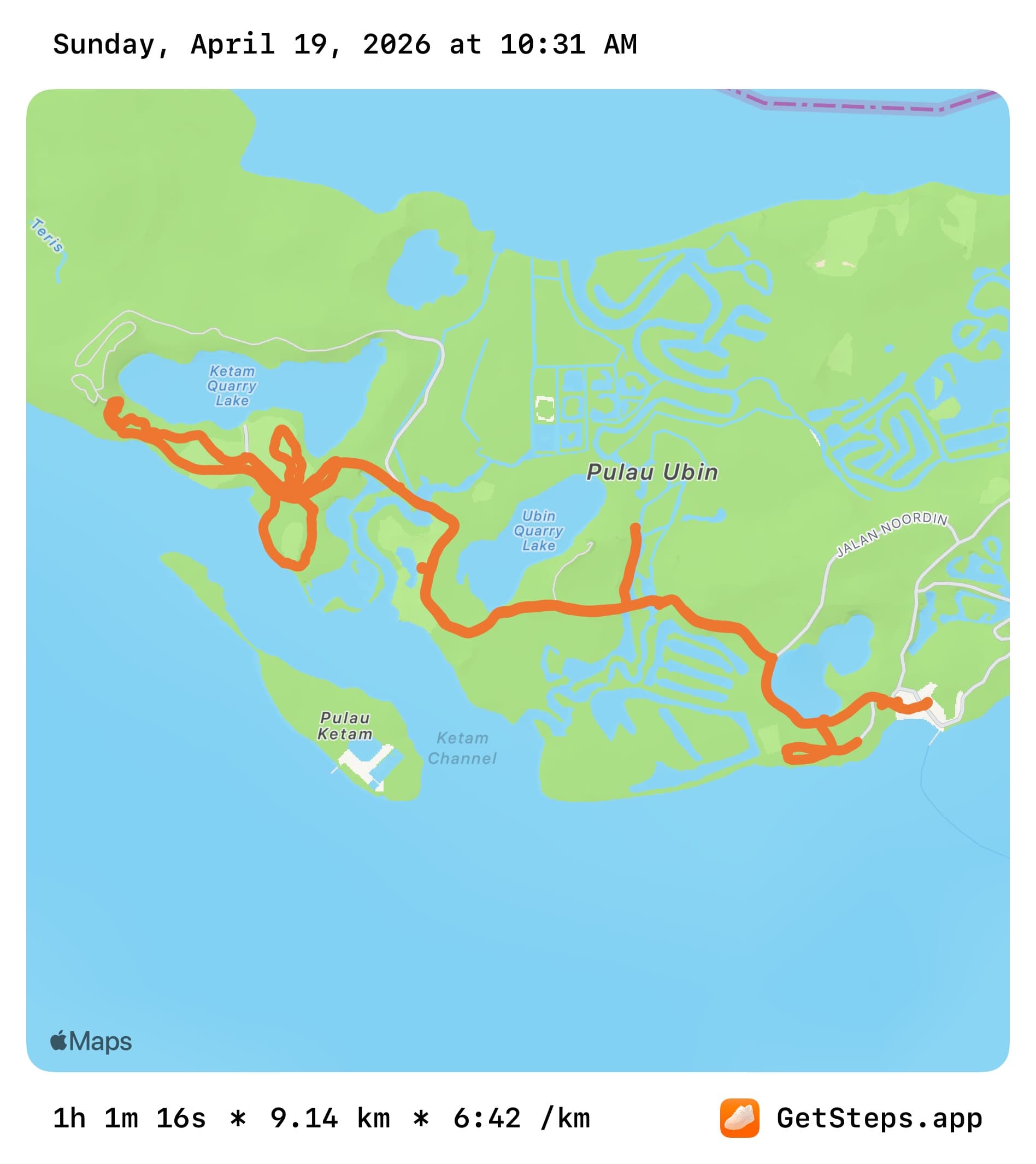 9.14 km Pulau Ubin run tracked with the Steps app