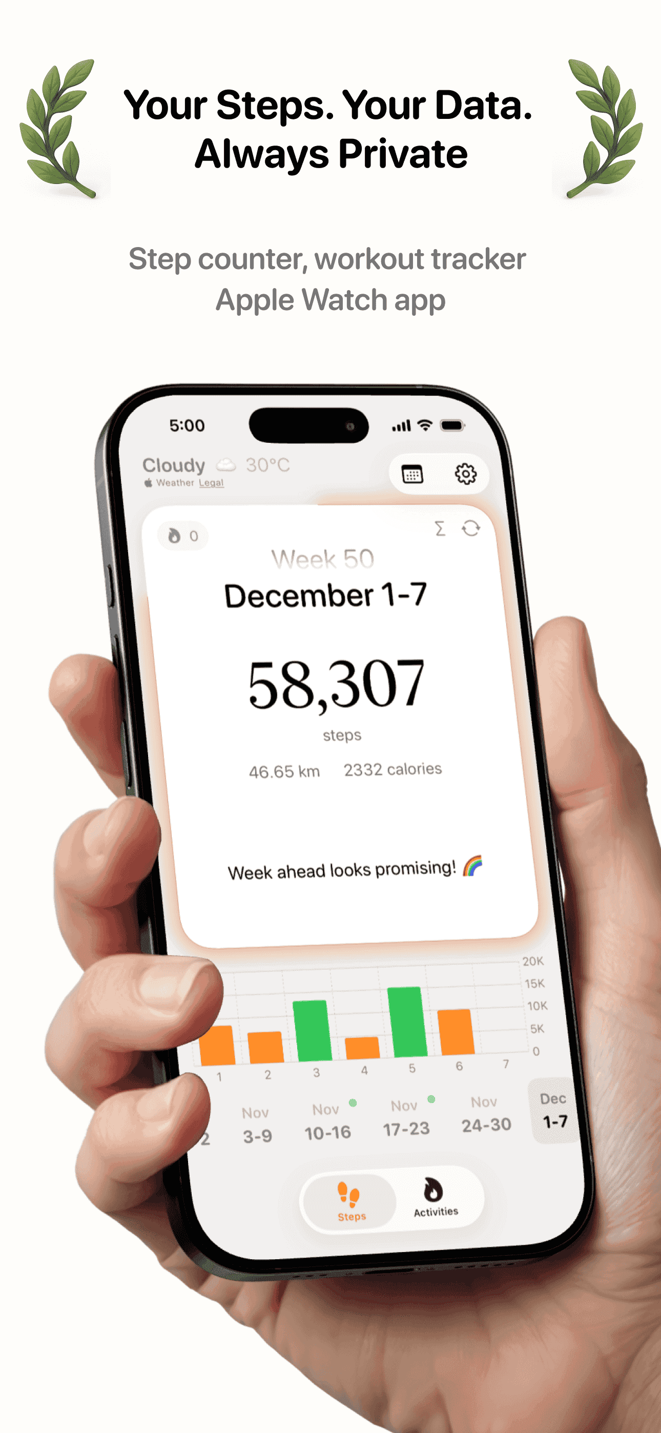 Steps app showing weekly activity charts